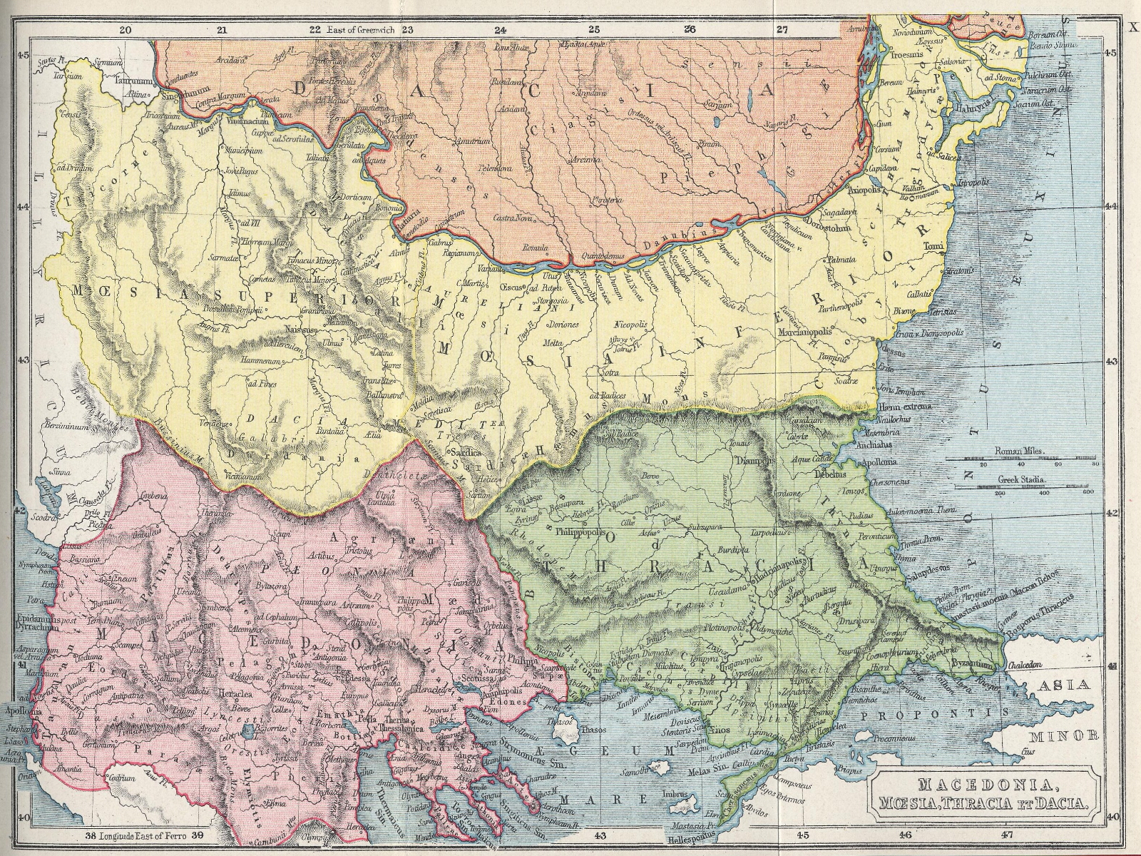 Карта на римските провинции на Балканите с Тракия (в зелено)